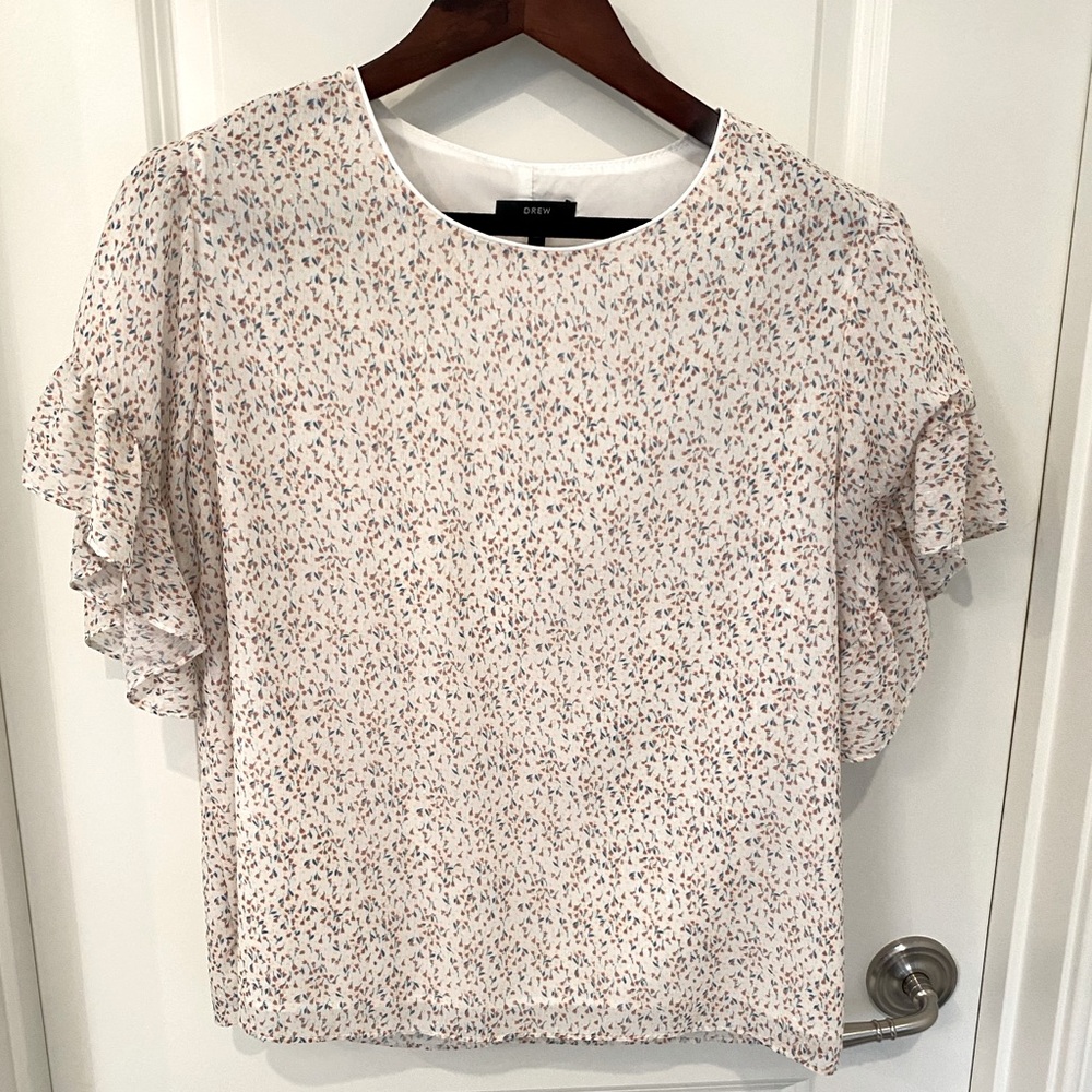 Drew Blouse with ruffle sleeves metallic thread blue and coral floral Size M